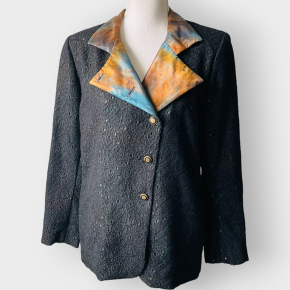 Randall Darwall Blazer Lace Silk Watercolor Black Notched Collar Statement Large - Picture 1 of 13